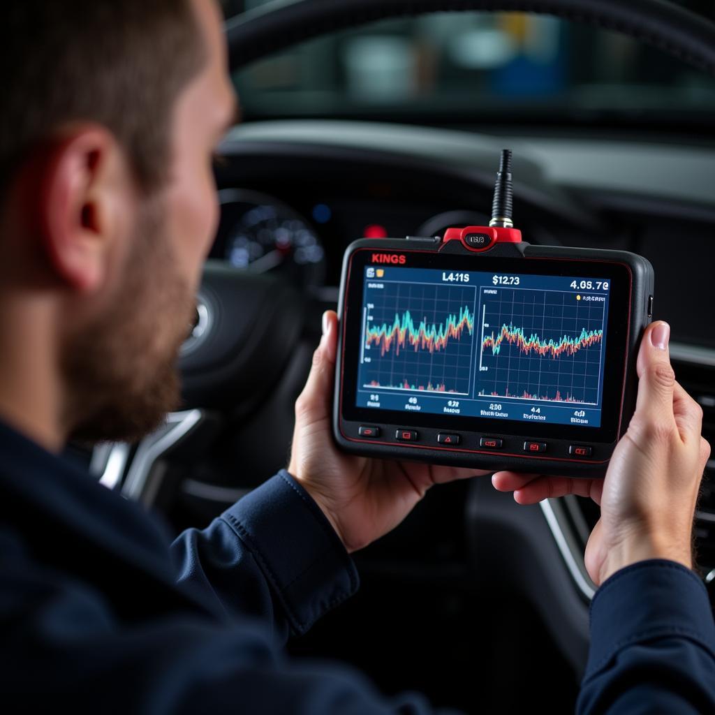 Mechanic reviewing diagnostic data on a Kings scan tool screen