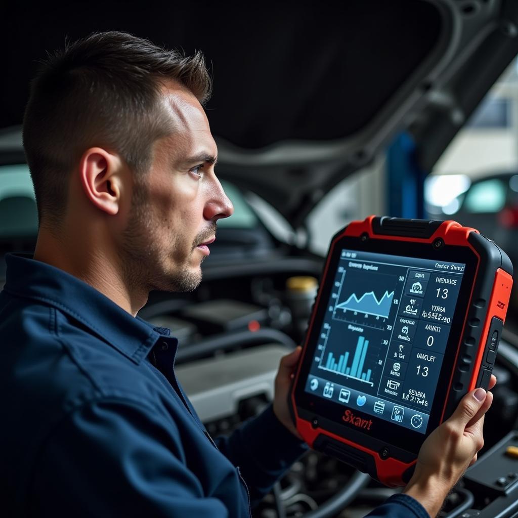 Mechanic reviewing data from an HD vehicle diagnostic scan tool