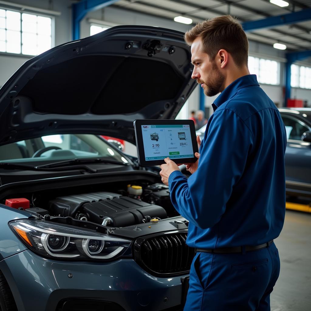 Mechanic analyzing scan tool data for car diagnostics