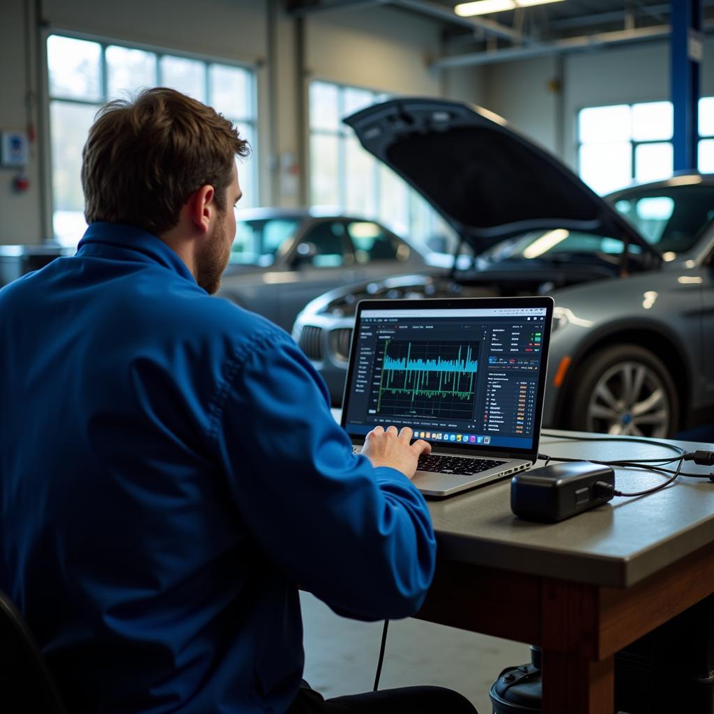 Mechanic analyzing scan tool data on a laptop