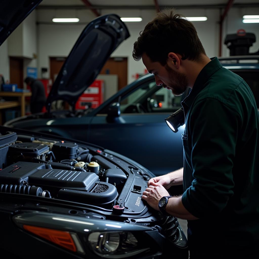 Mechanic checking car engine