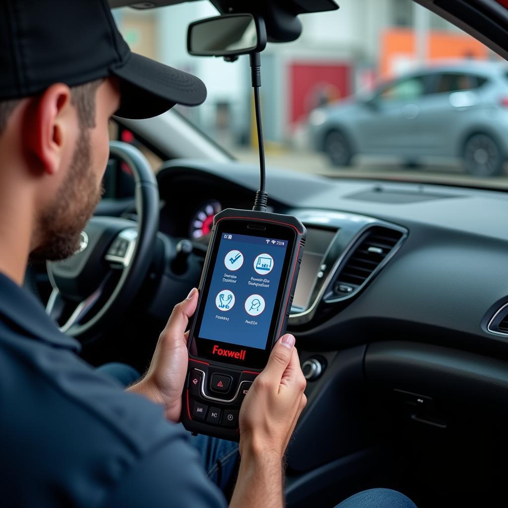 Mechanic Checking Car with Foxwell Scanner