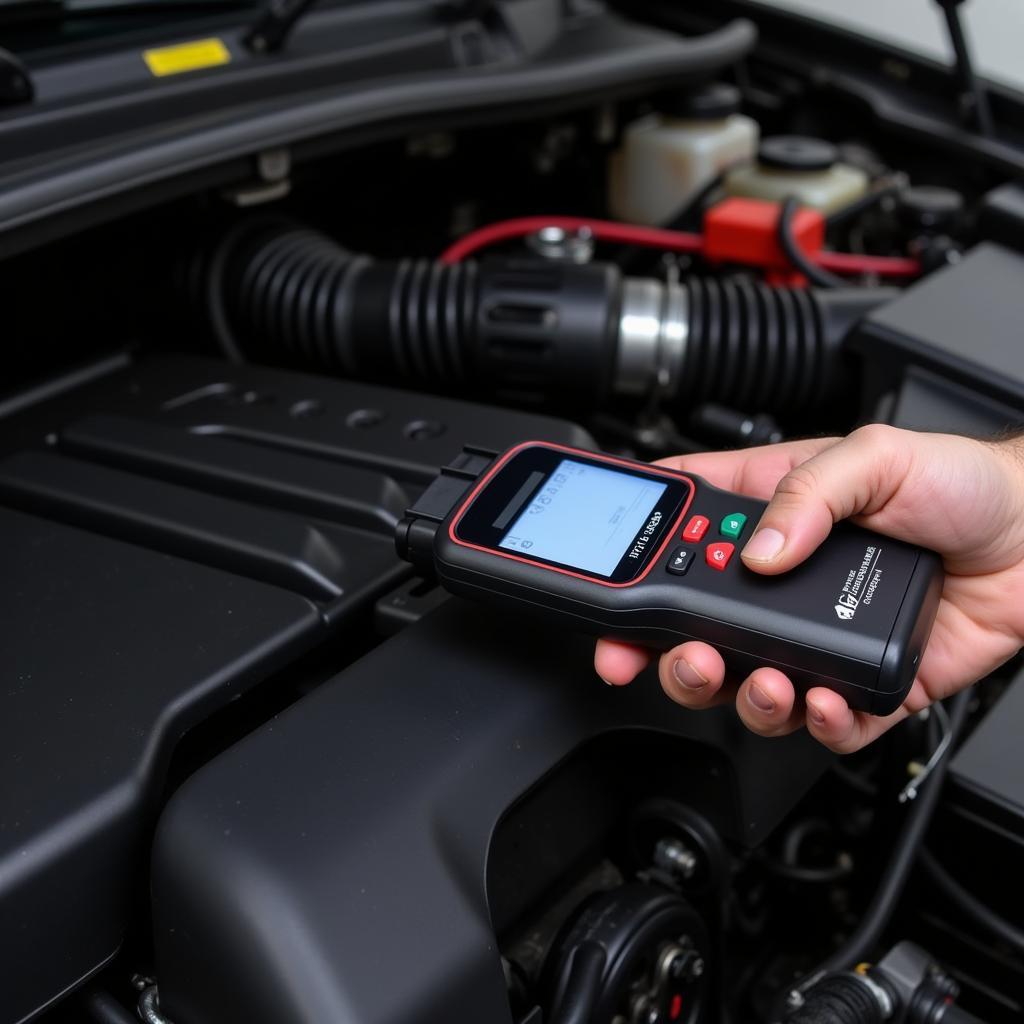 A mechanic using an OBD2 scanner to clear trouble codes.