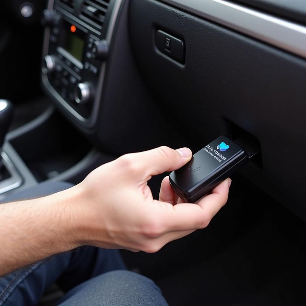 A mechanic connects a Bluetooth scan tool to a car's OBD-II port.