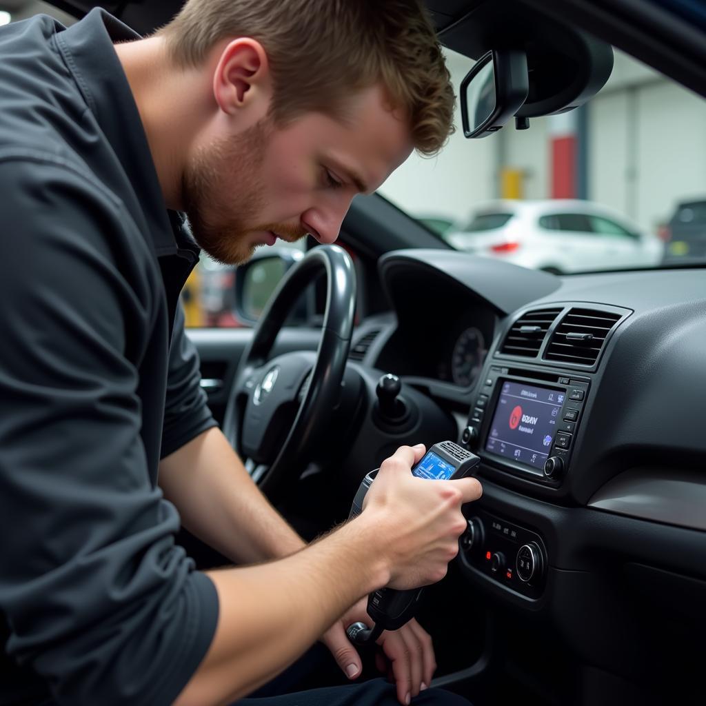 Mechanic connecting an OBD2 scanner to a car's diagnostic port