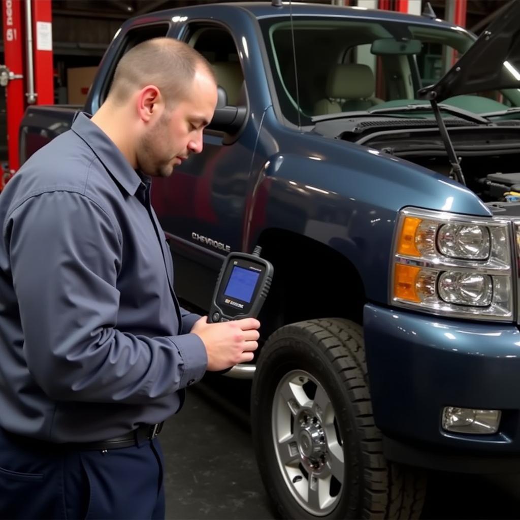 Mechanic Diagnosing a 2012 Silverado Using a Professional Scan Tool