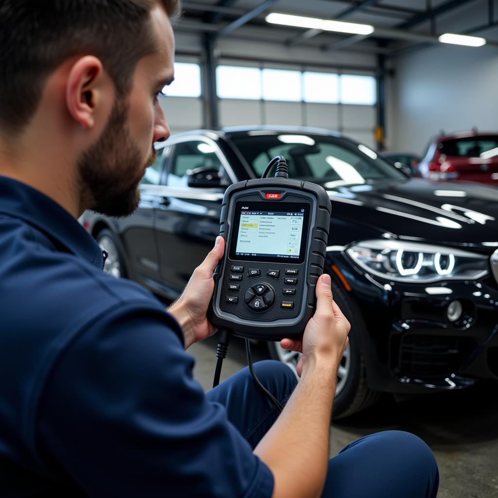 A mechanic using a professional-grade diagnostic tool on a BMW