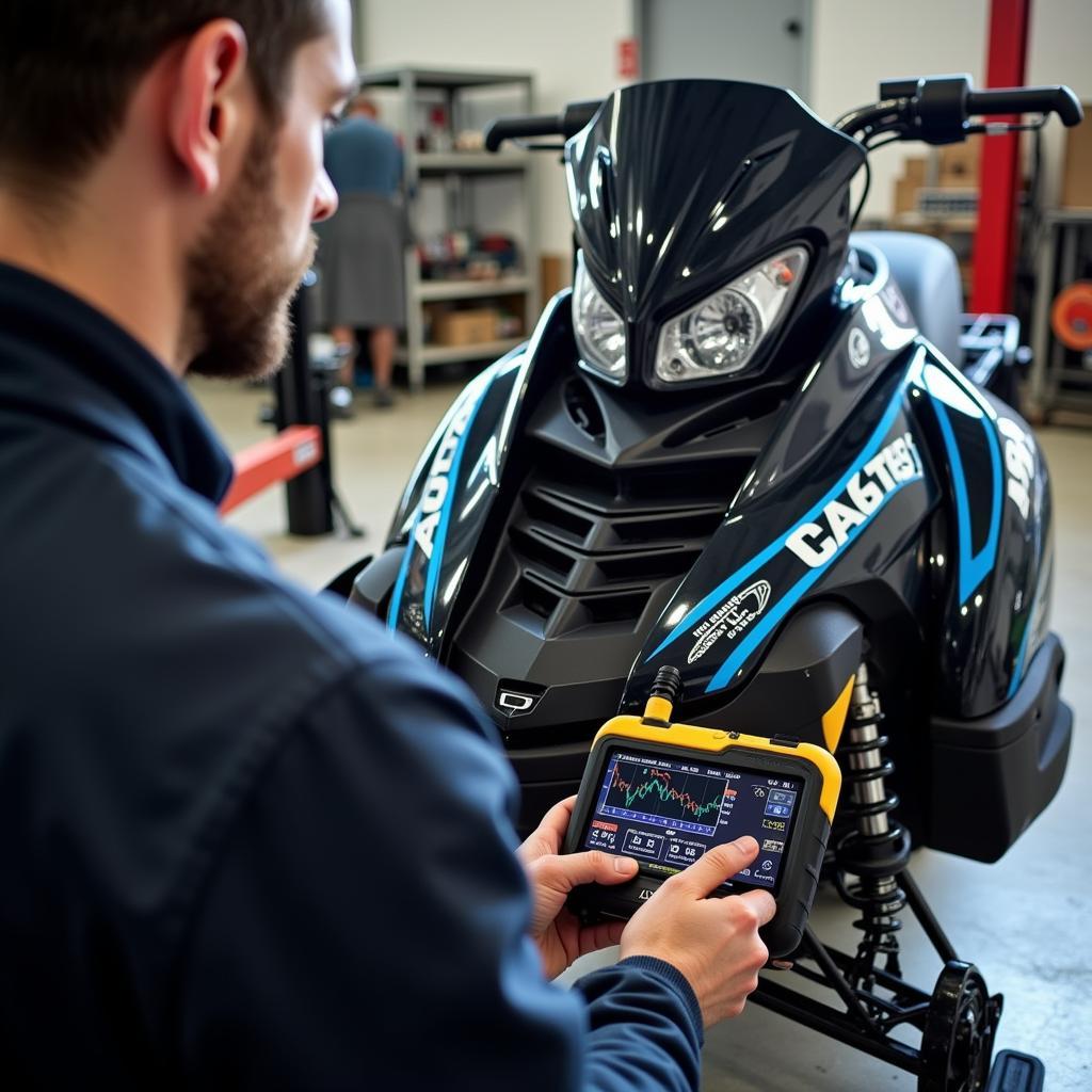 Mechanic using a diagnostic tool to troubleshoot an Arctic Cat snowmobile engine