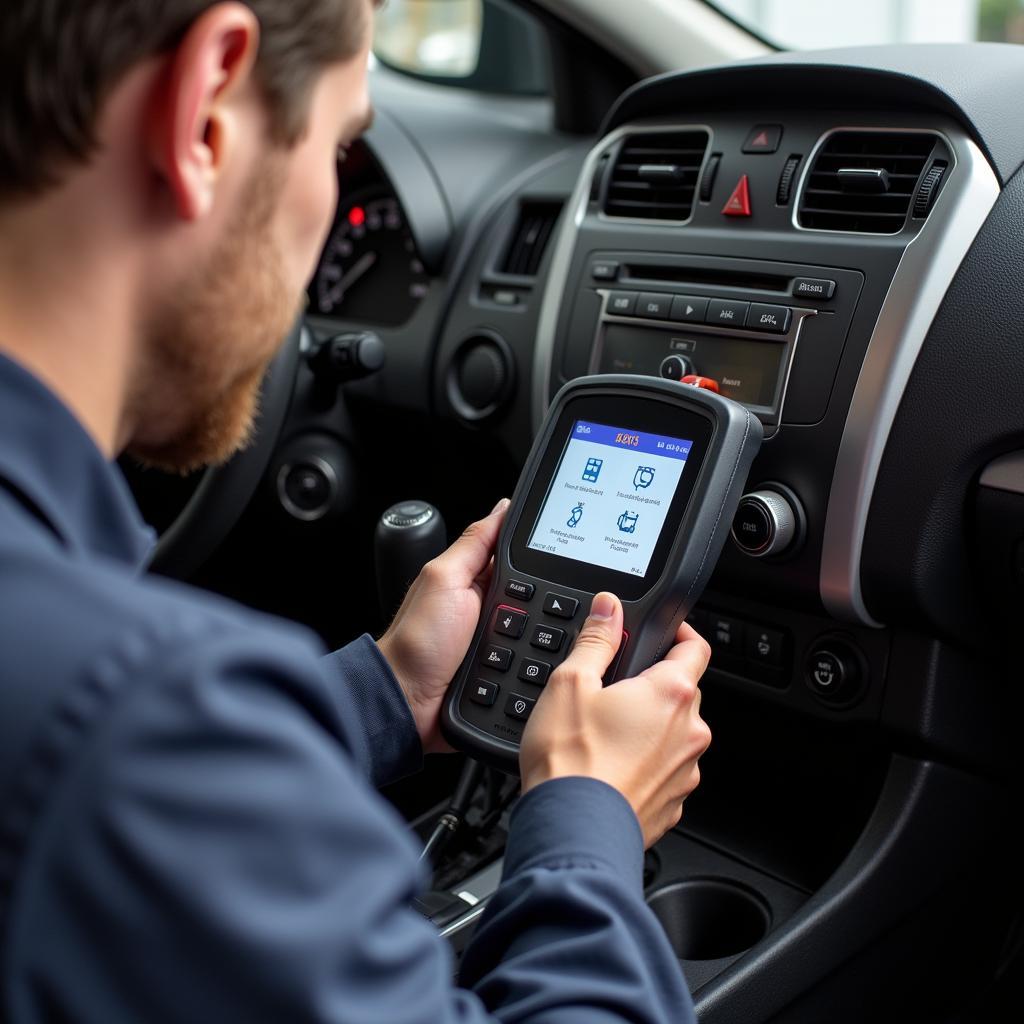 Mechanic using an AD scanning tool to diagnose a car problem