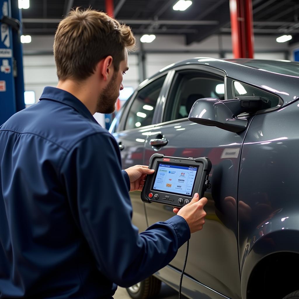 Mechanic diagnosing a car problem using an Autologic scan tool in a busy repair shop.