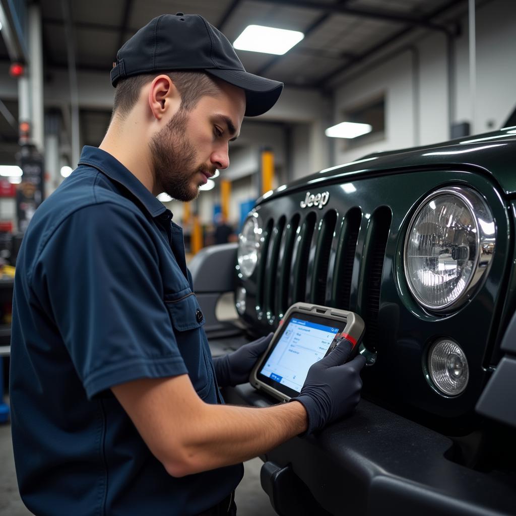 mechanic diagnosing jeep with scan tool