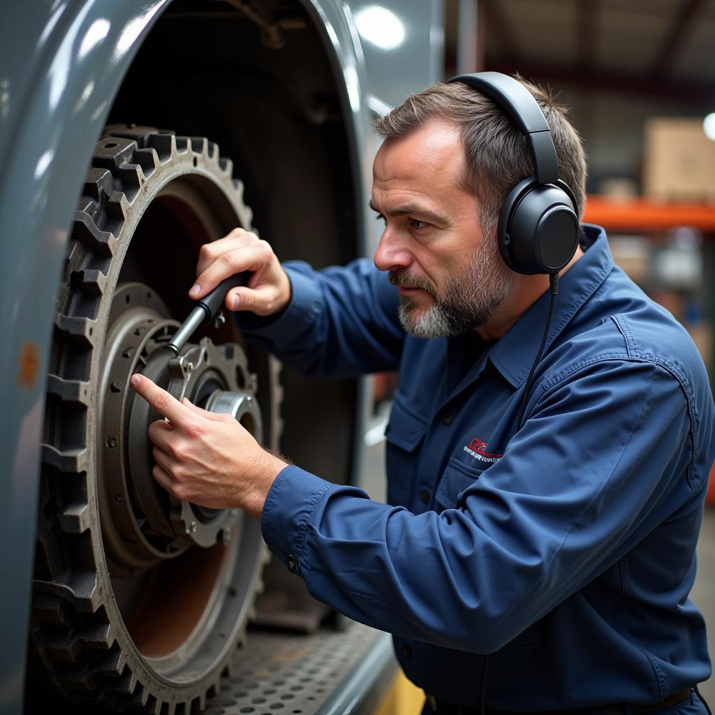 Mechanic Diagnosing Truck Transmission with Super Ear