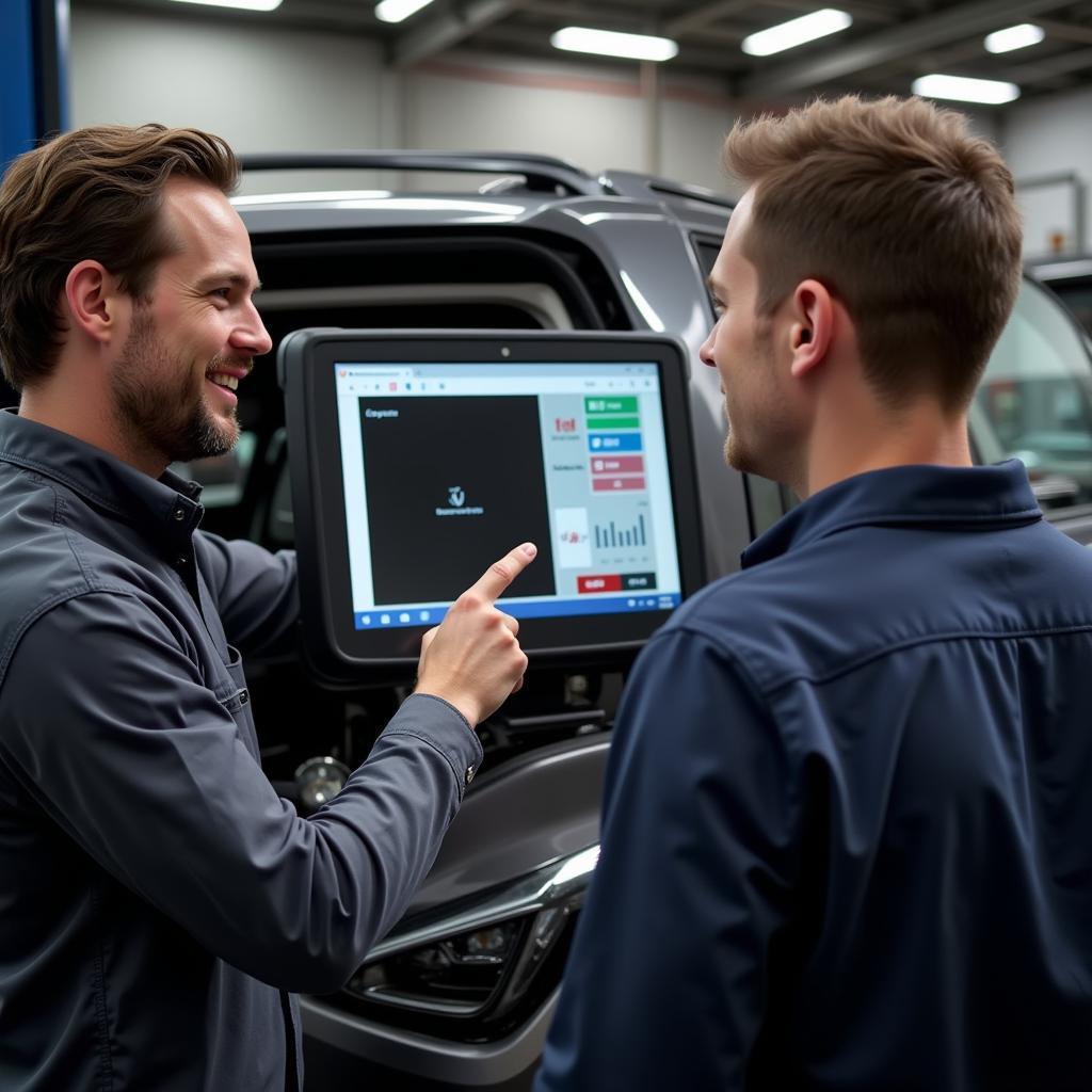 Mechanic Explaining Diagnostics to Customer