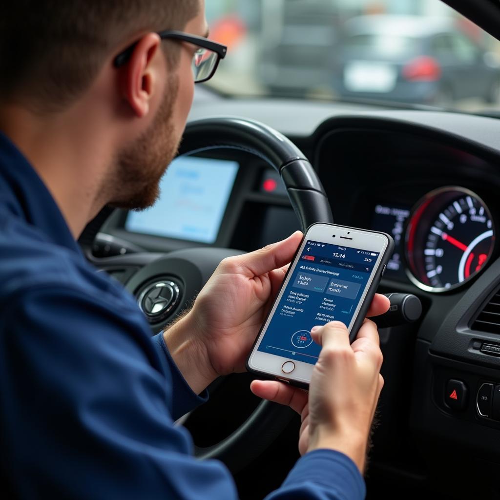 Mechanic using mobile phone to explain car diagnostics to customer