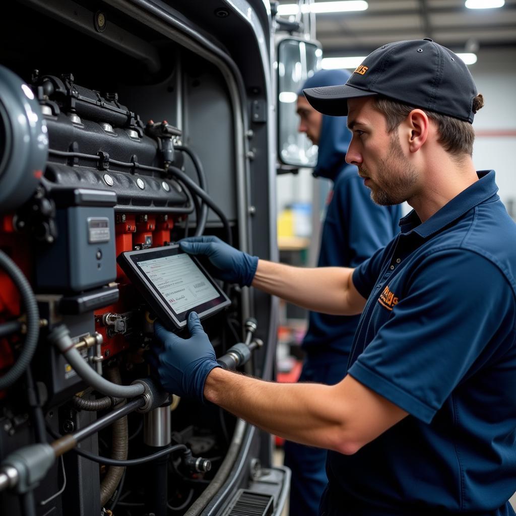 Mechanic visually inspecting a truck engine