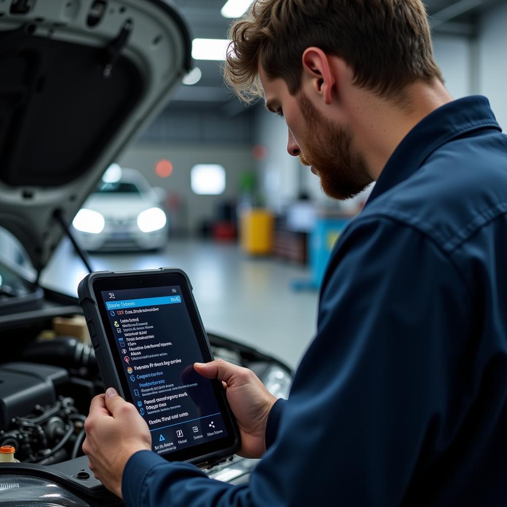 Mechanic interpreting Diagnostic Trouble Codes (DTCs) on a Sidchrome scan tool