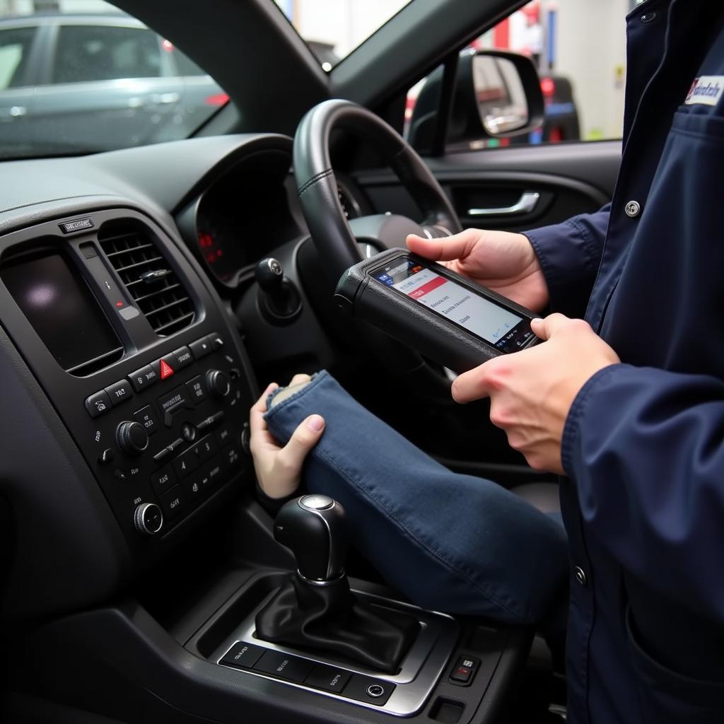 A mechanic programming a car's control module using a professional scan tool