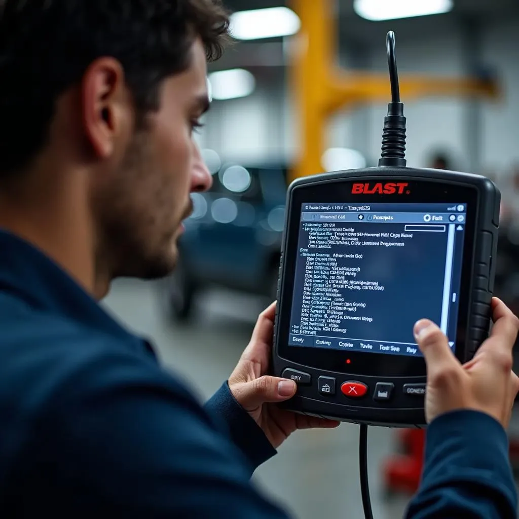 Mechanic analyzing fault codes on a blast diagnostic tool