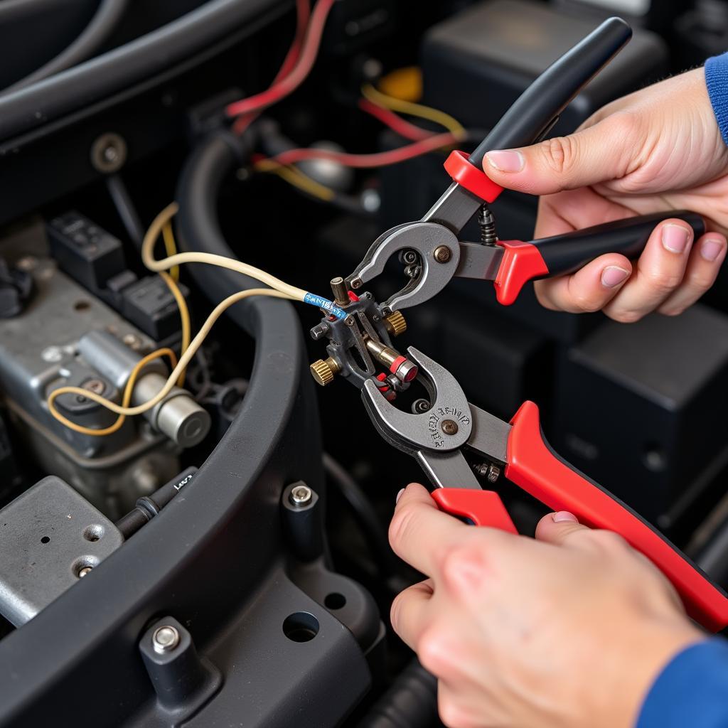 Mechanic Repairing Short Circuit in Car Wiring