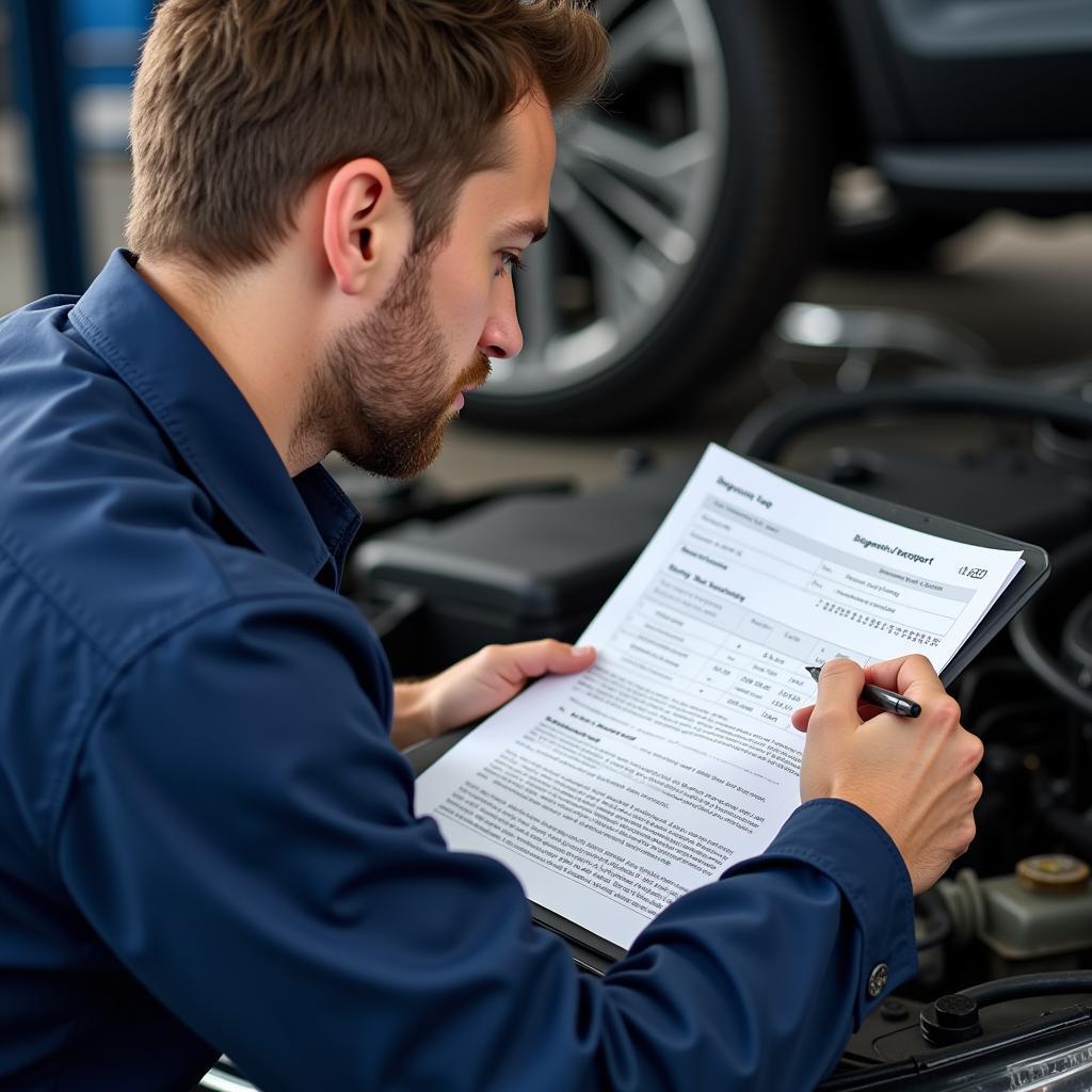 Mechanic Reviewing Printed Diagnostic Report