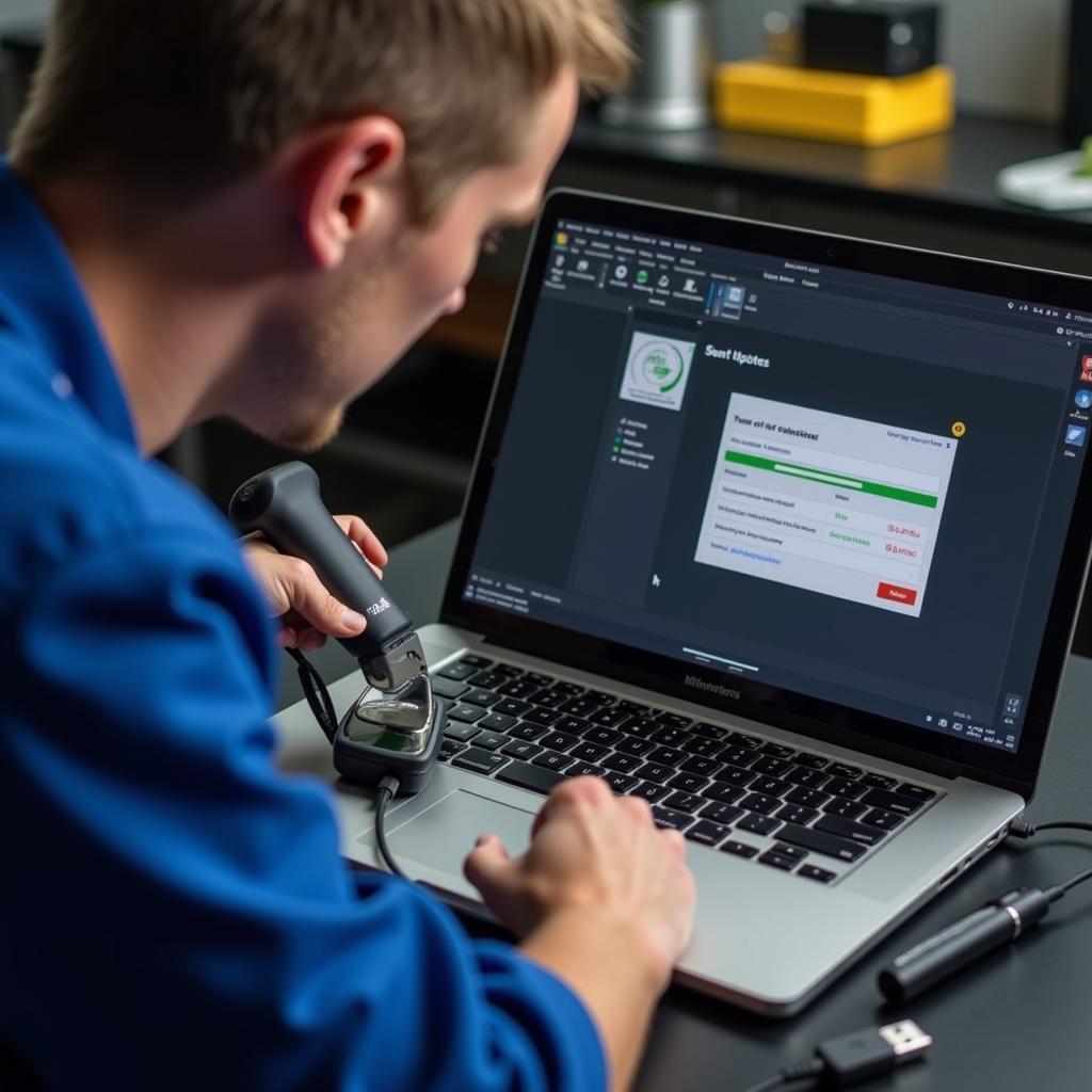 A mechanic updating the software on a Nigel Foxwell scanner using a laptop