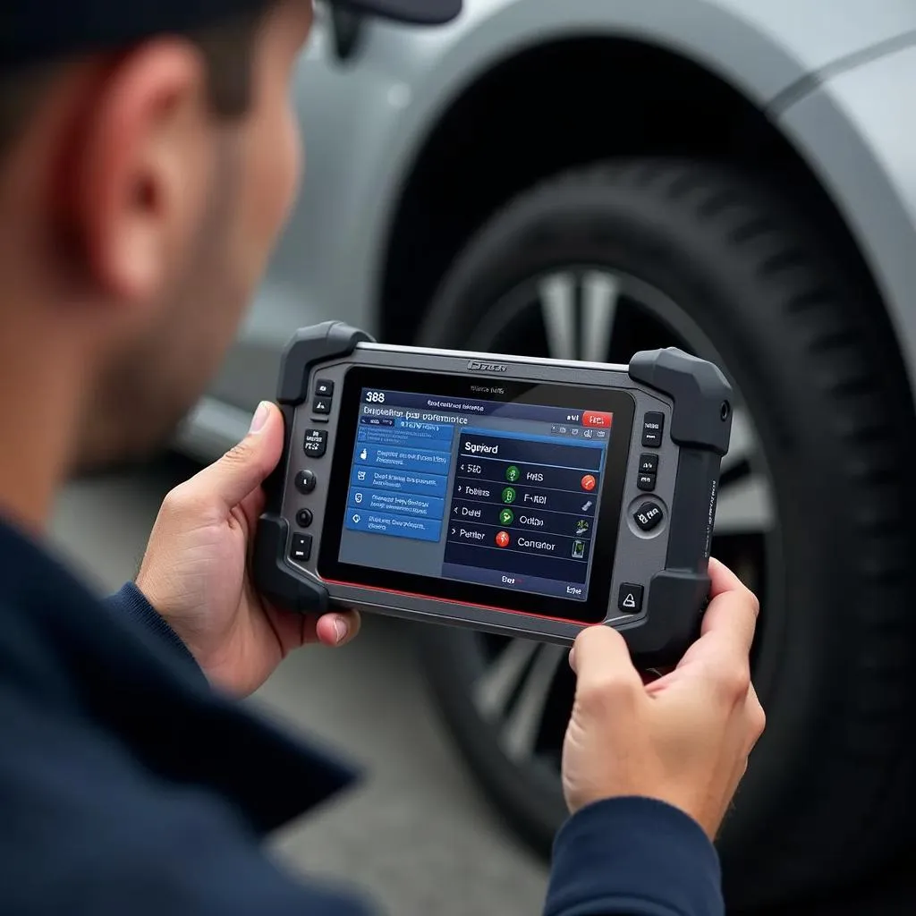 Mechanic using the 3160e Innova car scanner to check the ABS system