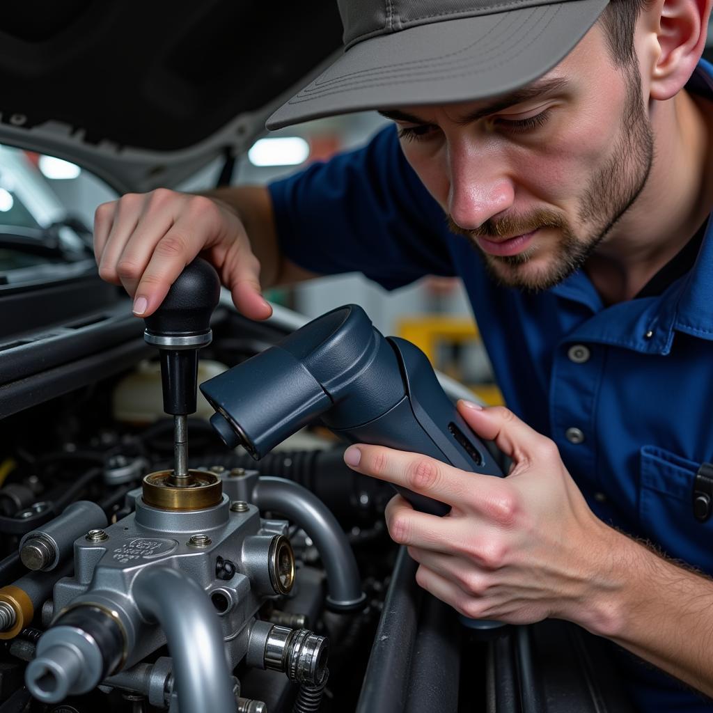 Mechanic using 3D scanner to reverse engineer an engine part