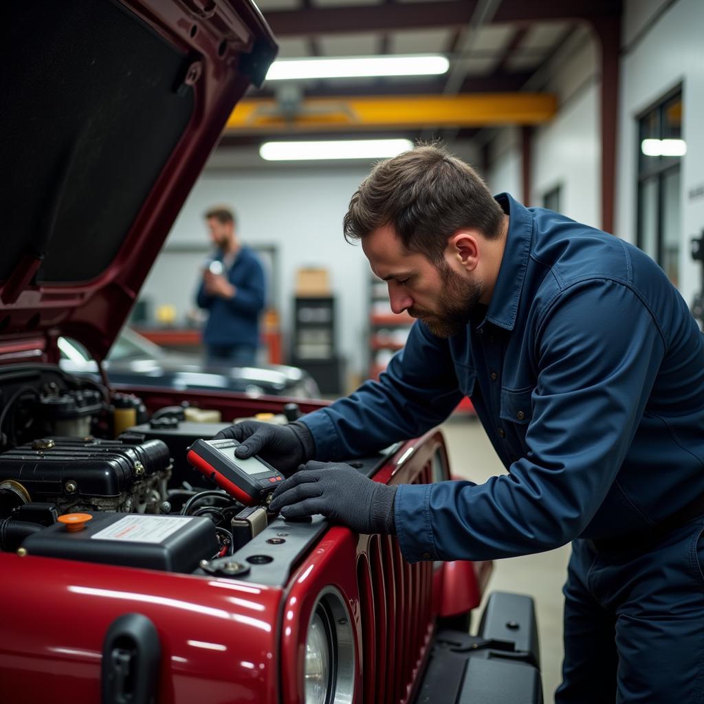 A mechanic uses a diagnostic tool to troubleshoot a Jeep Wrangler TJ