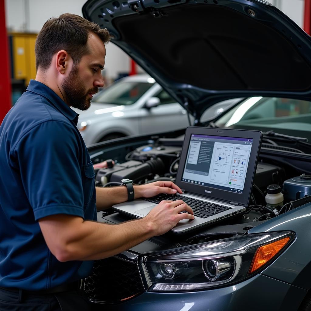 Mechanic Performing Diagnostics with a Laptop