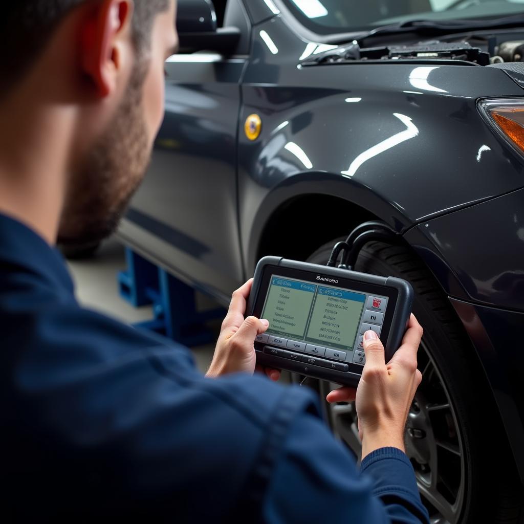 Mechanic using a scan tool for car diagnostics in a professional setting