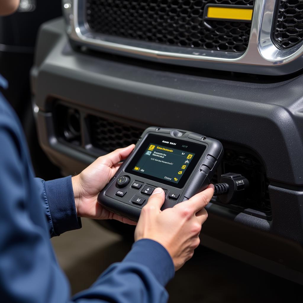 Mechanic using a Scan Tool on a Dodge Ram