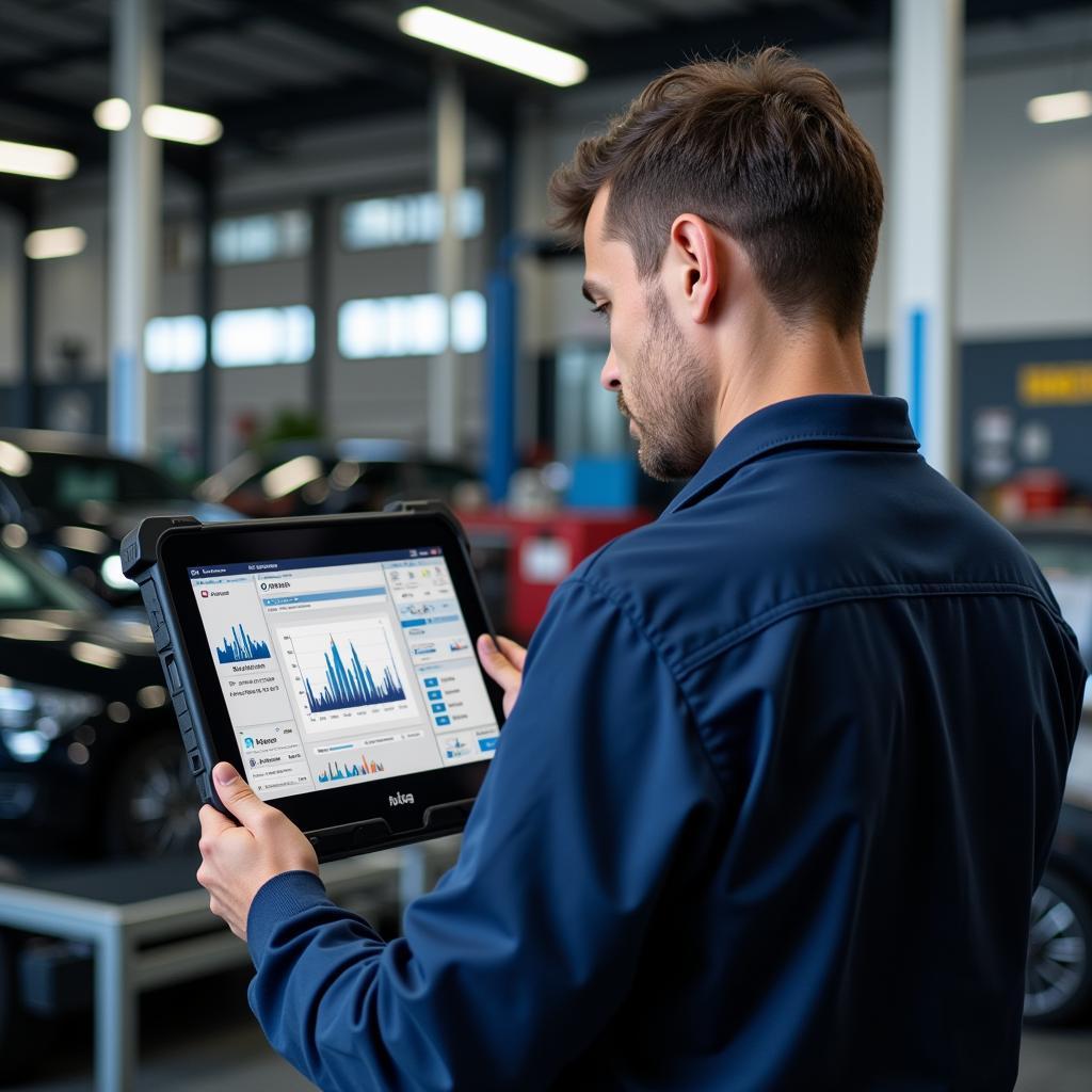 Mechanic using a tablet for car diagnostics