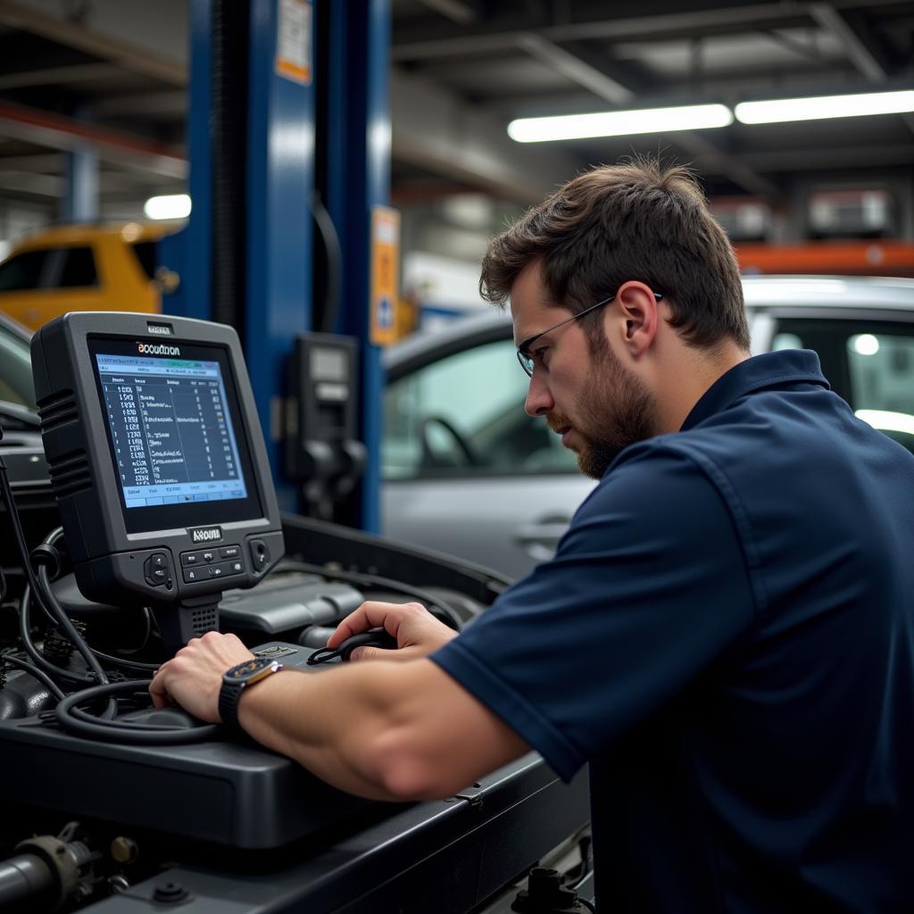 Mechanic using an Accutron scan tool to diagnose a car engine.