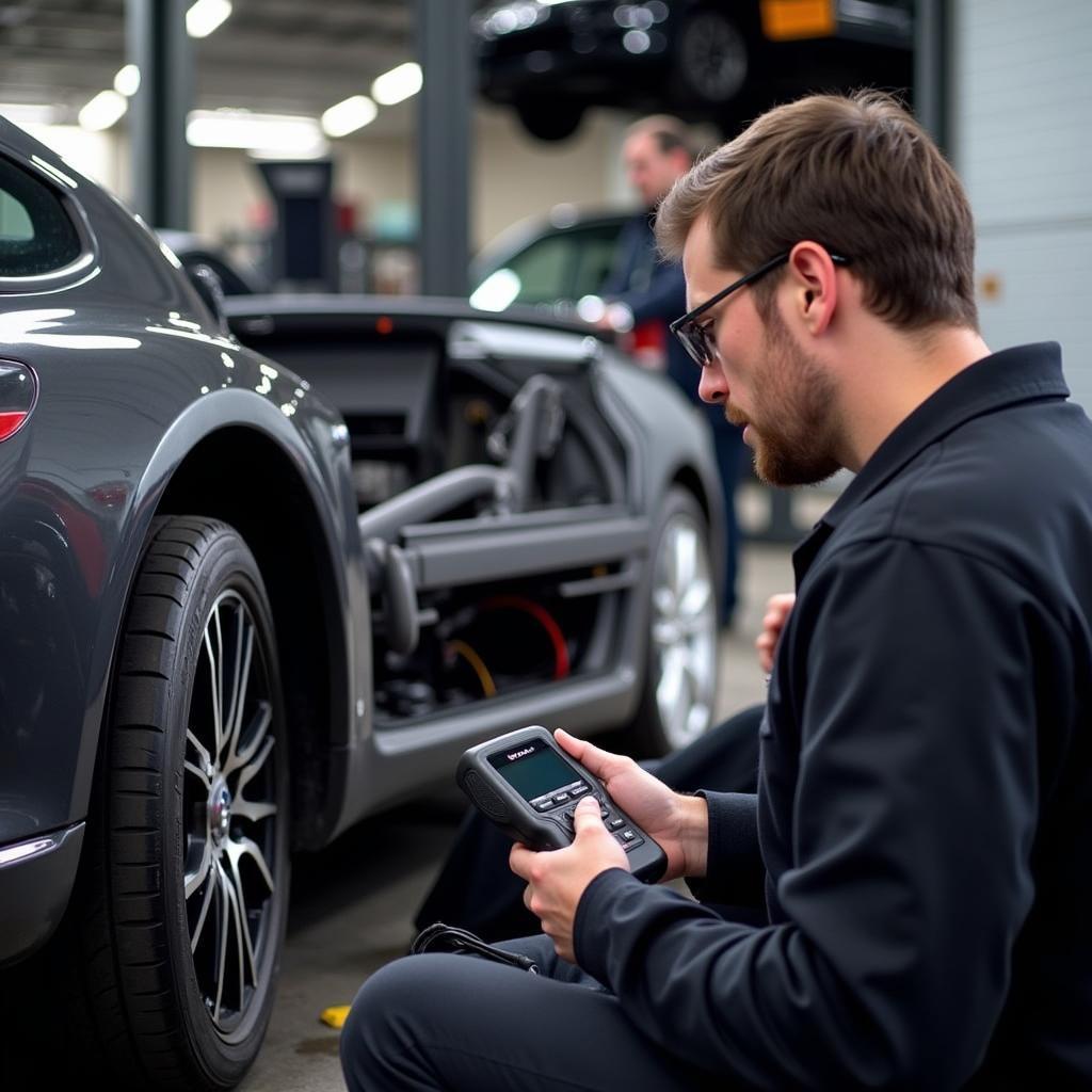 Mechanic using Ancel X5 for car diagnostics in a professional setting