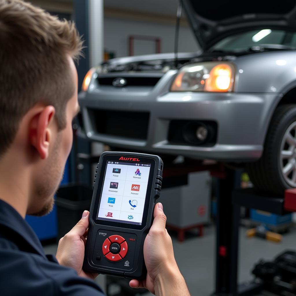 Mechanic Using Autel AL519 for Car Diagnostics