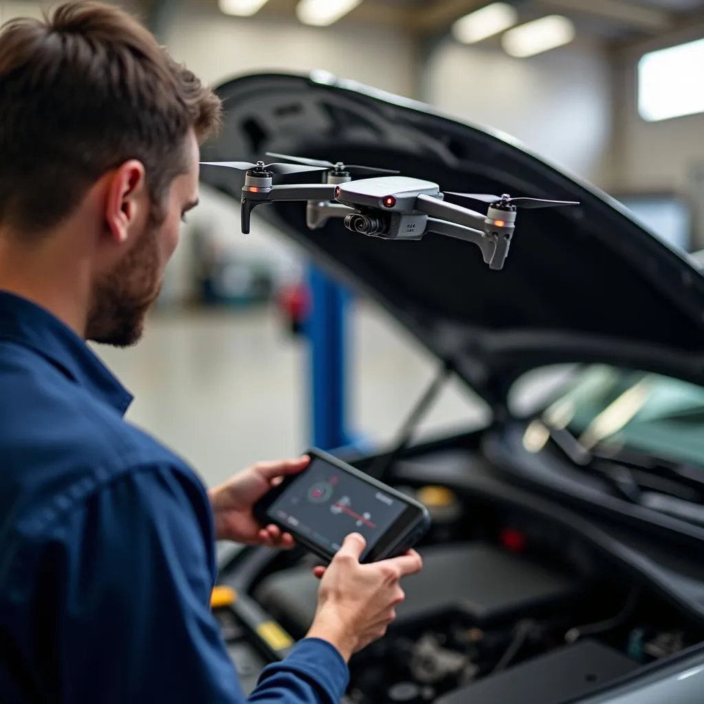 Mechanic using Autel Evo Nano Plus for engine inspection