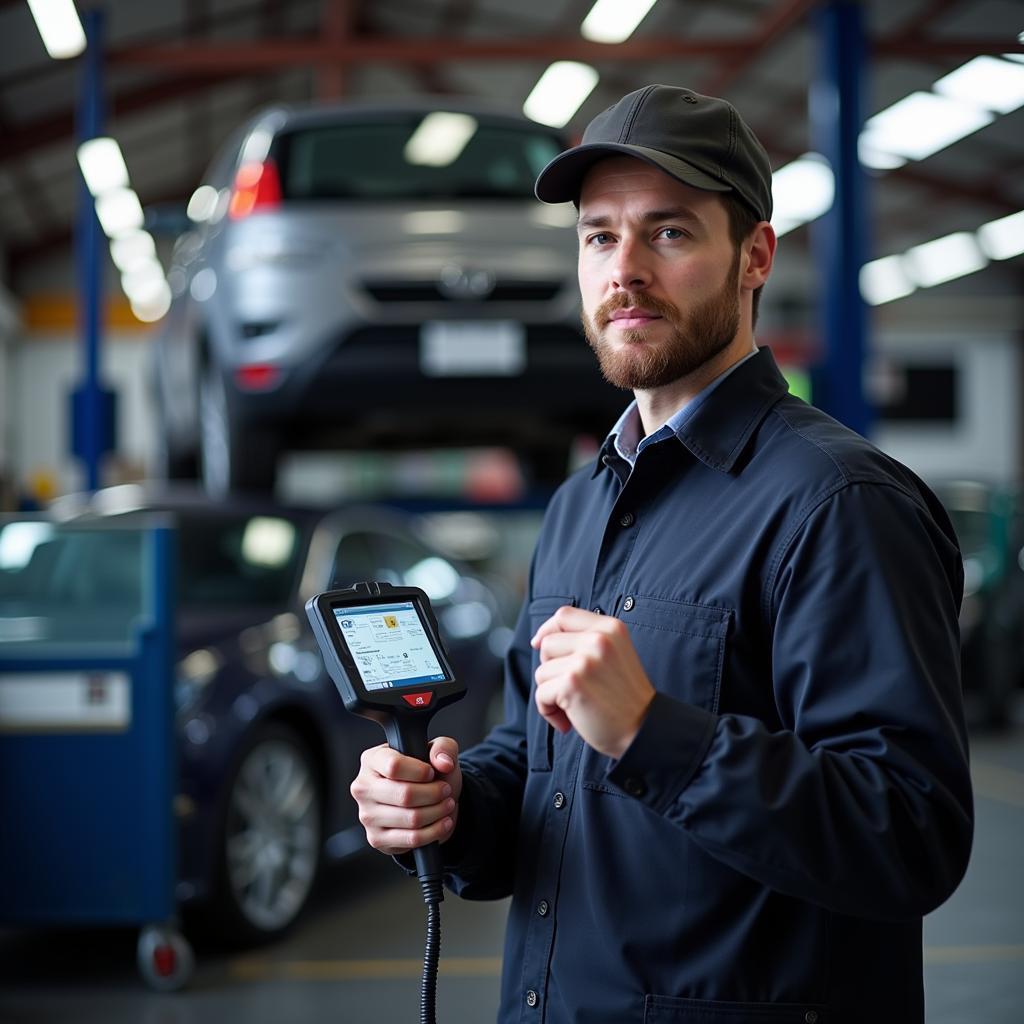 A mechanic using an auto light scan tool to diagnose a car problem.