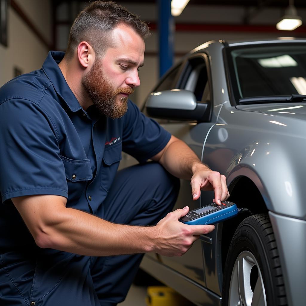 Mechanic Using Auto Scan Tool on Car