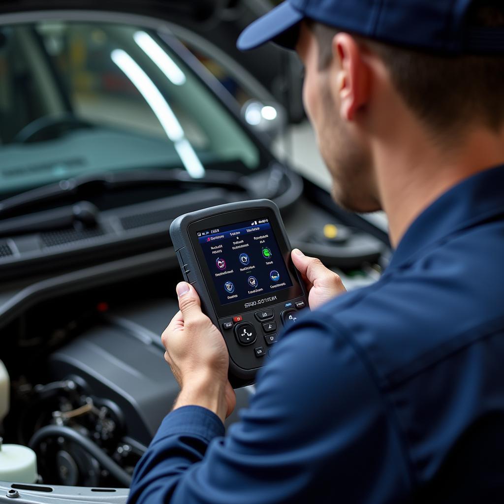 Mechanic Using Auto Scanner Diagnostic Tool