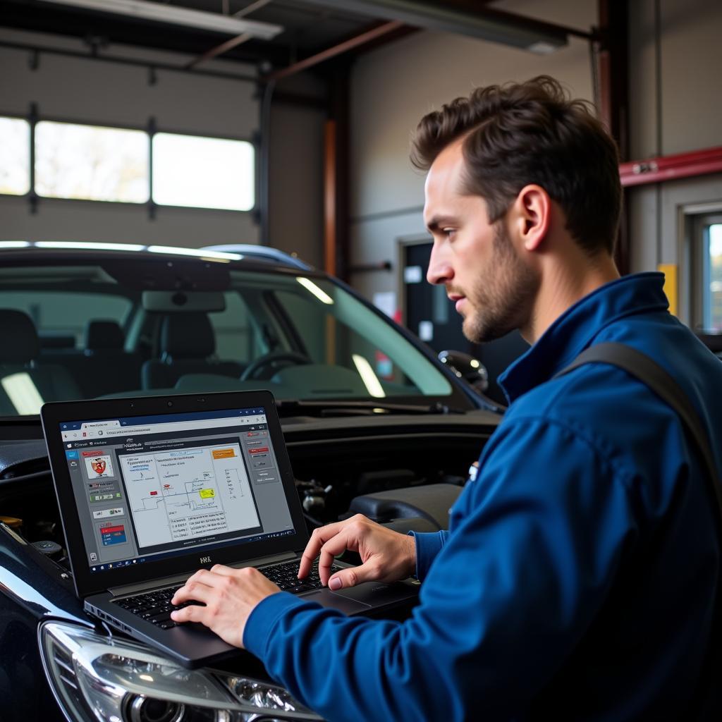 Mechanic using an automotive scan tool on a laptop in a garage