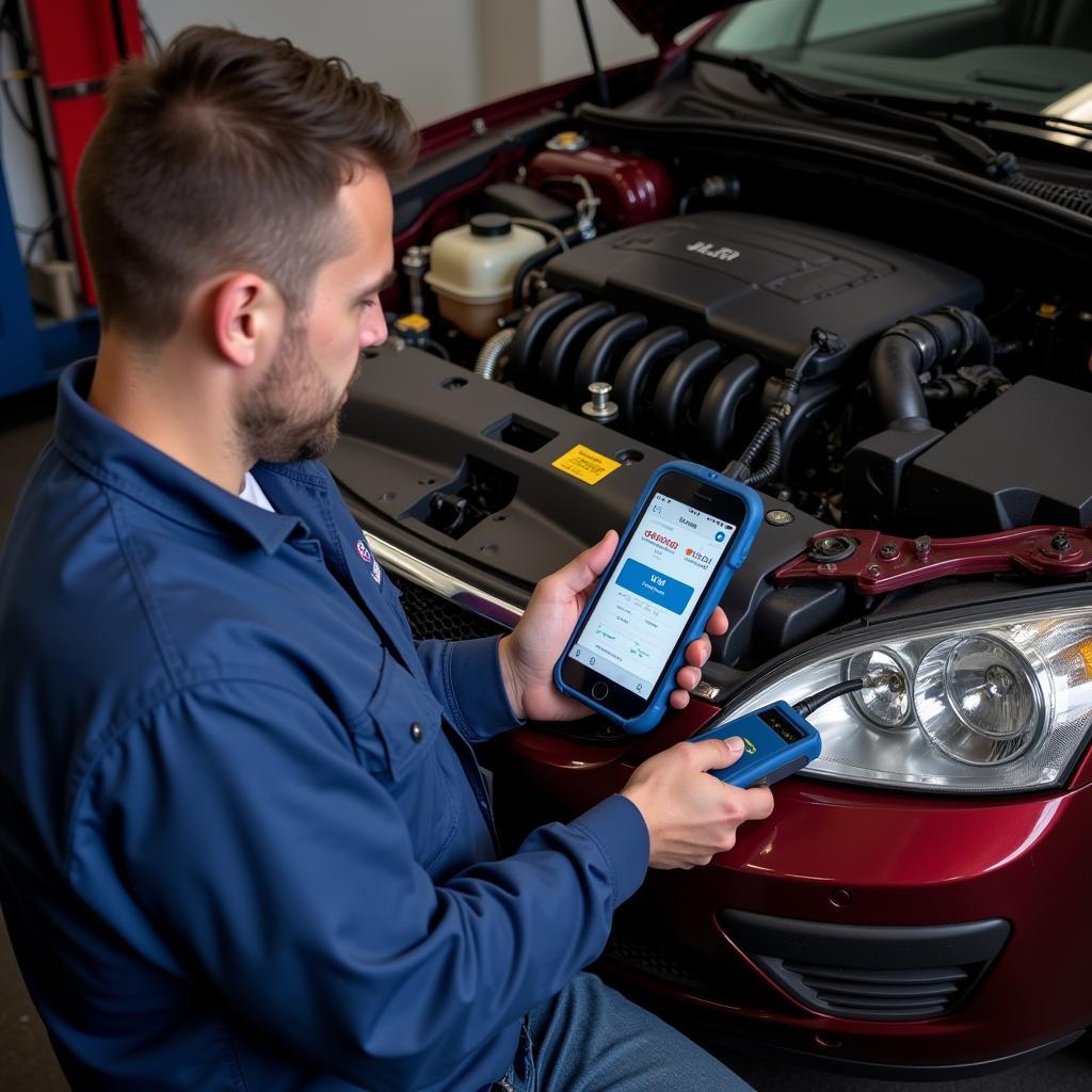 Mechanic using BlueDriver to diagnose car problems.