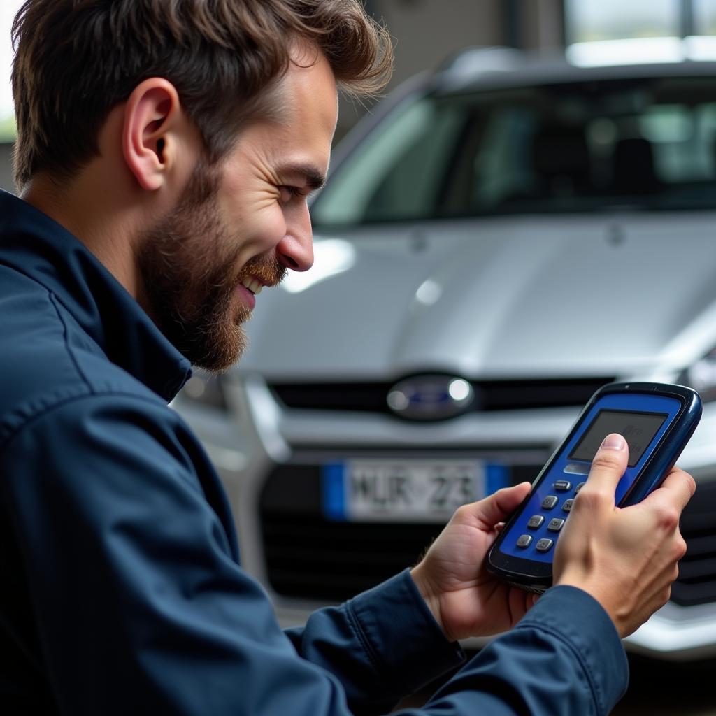 Mechanic Using Bluedriver on a Car