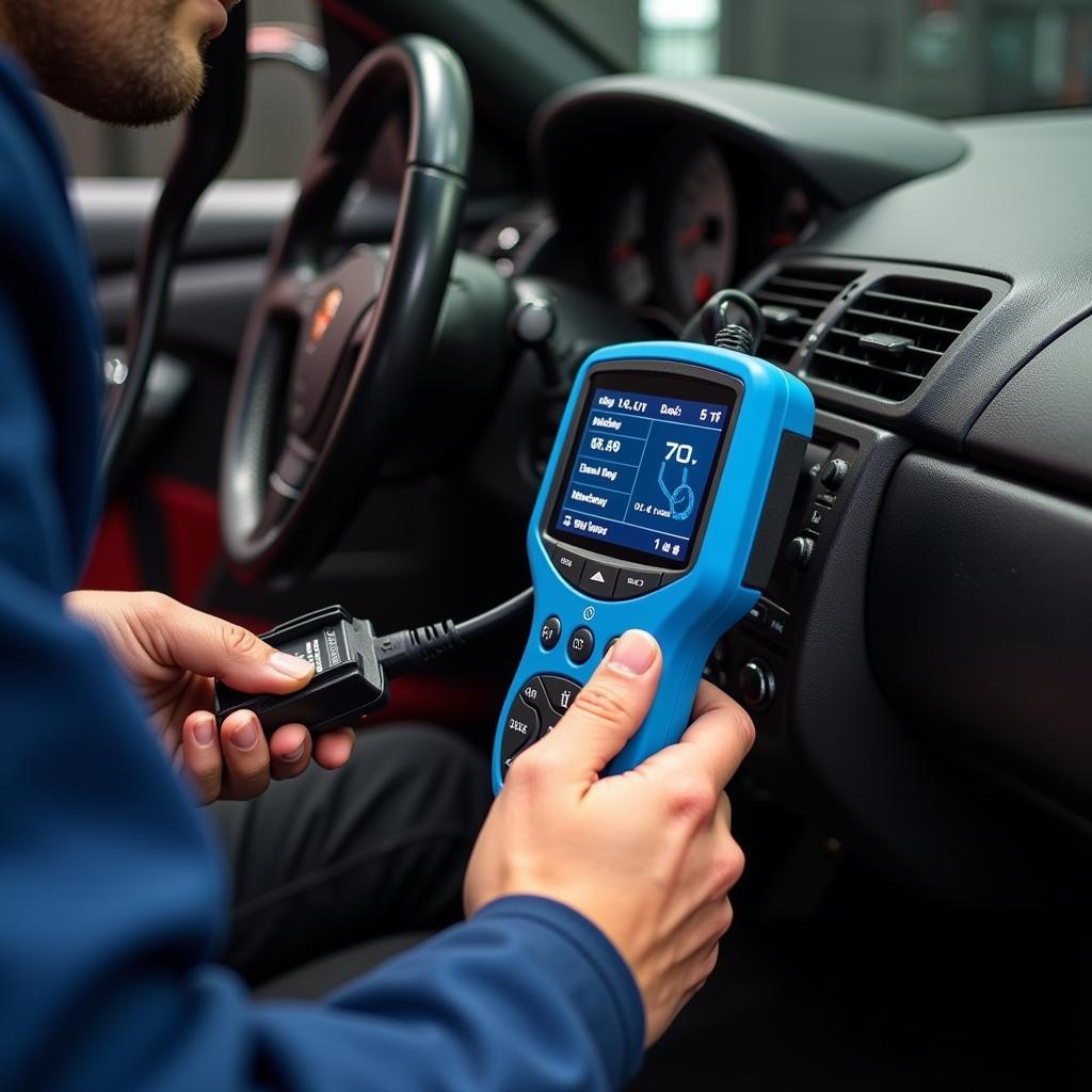 Mechanic Using Bluedriver Scan Tool on Porsche 996