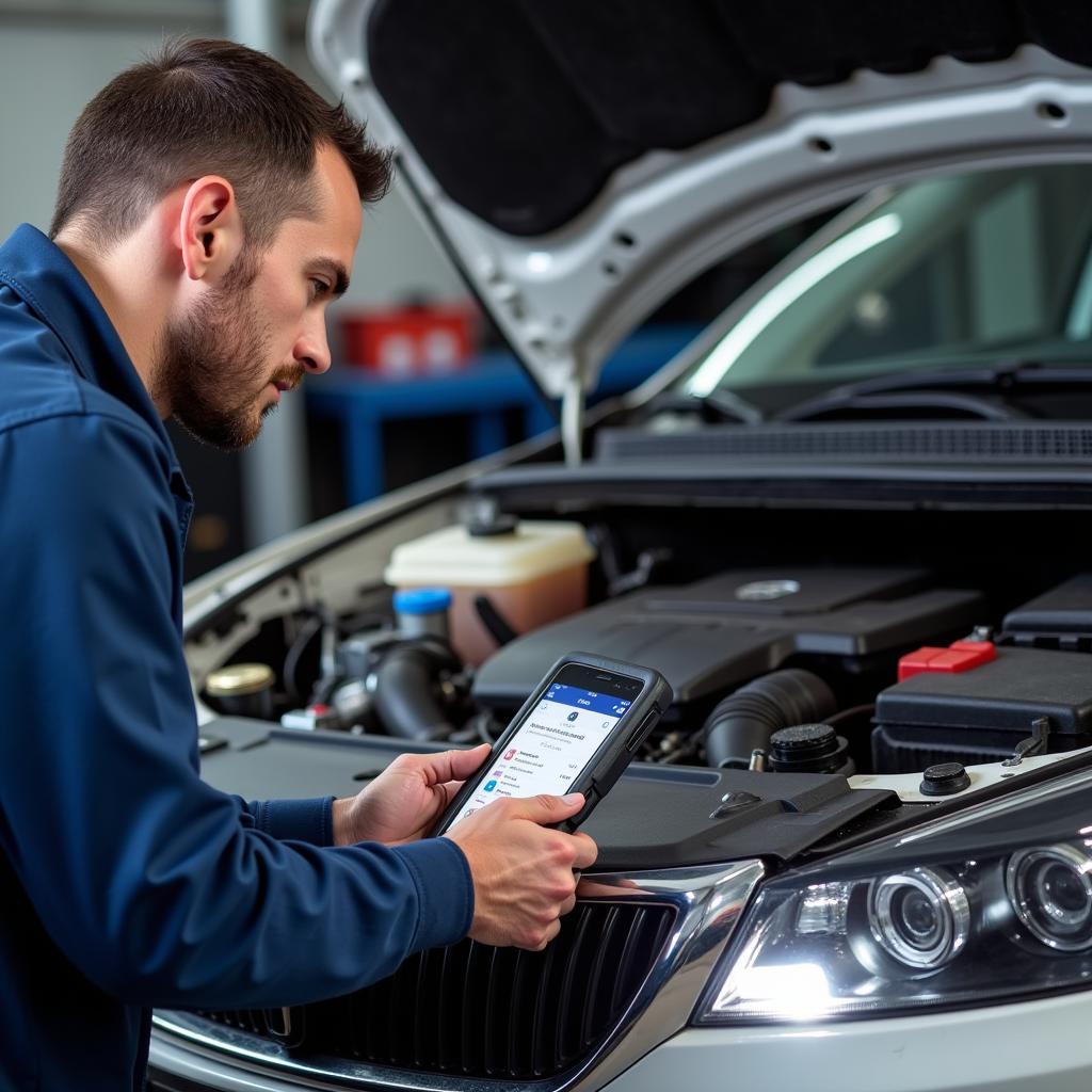 Mechanic Using Bluetooth Diagnostic Tool in Garage