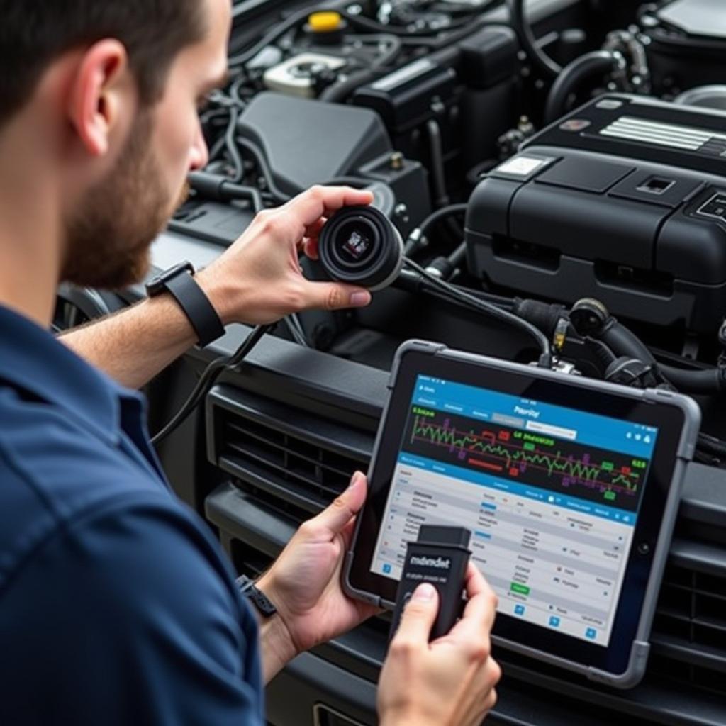 Mechanic Using a Bluetooth OBD2 Scanner