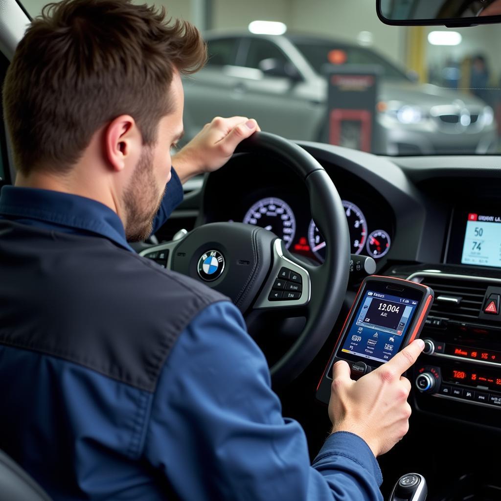 Mechanic Using BMW B800 to Diagnose Car Issues