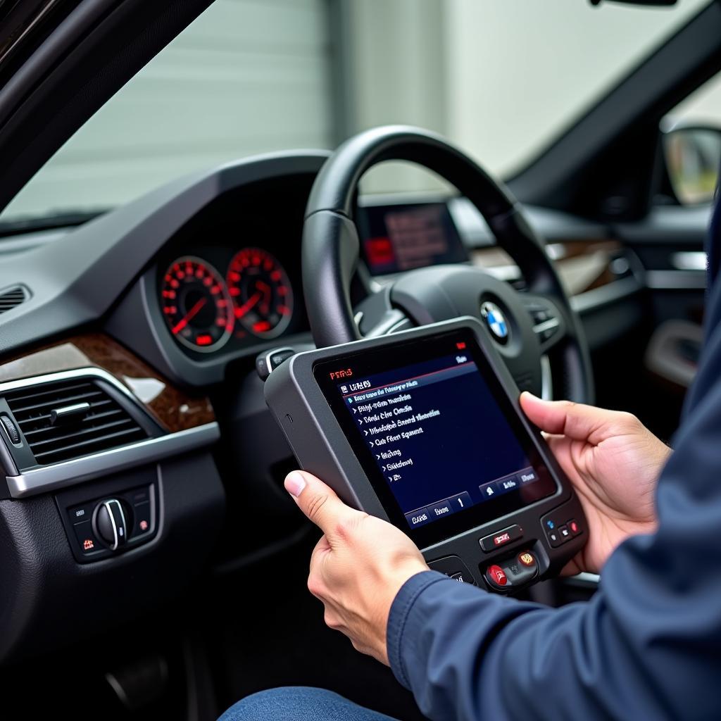 Mechanic Using a BMW SRS Scan Tool