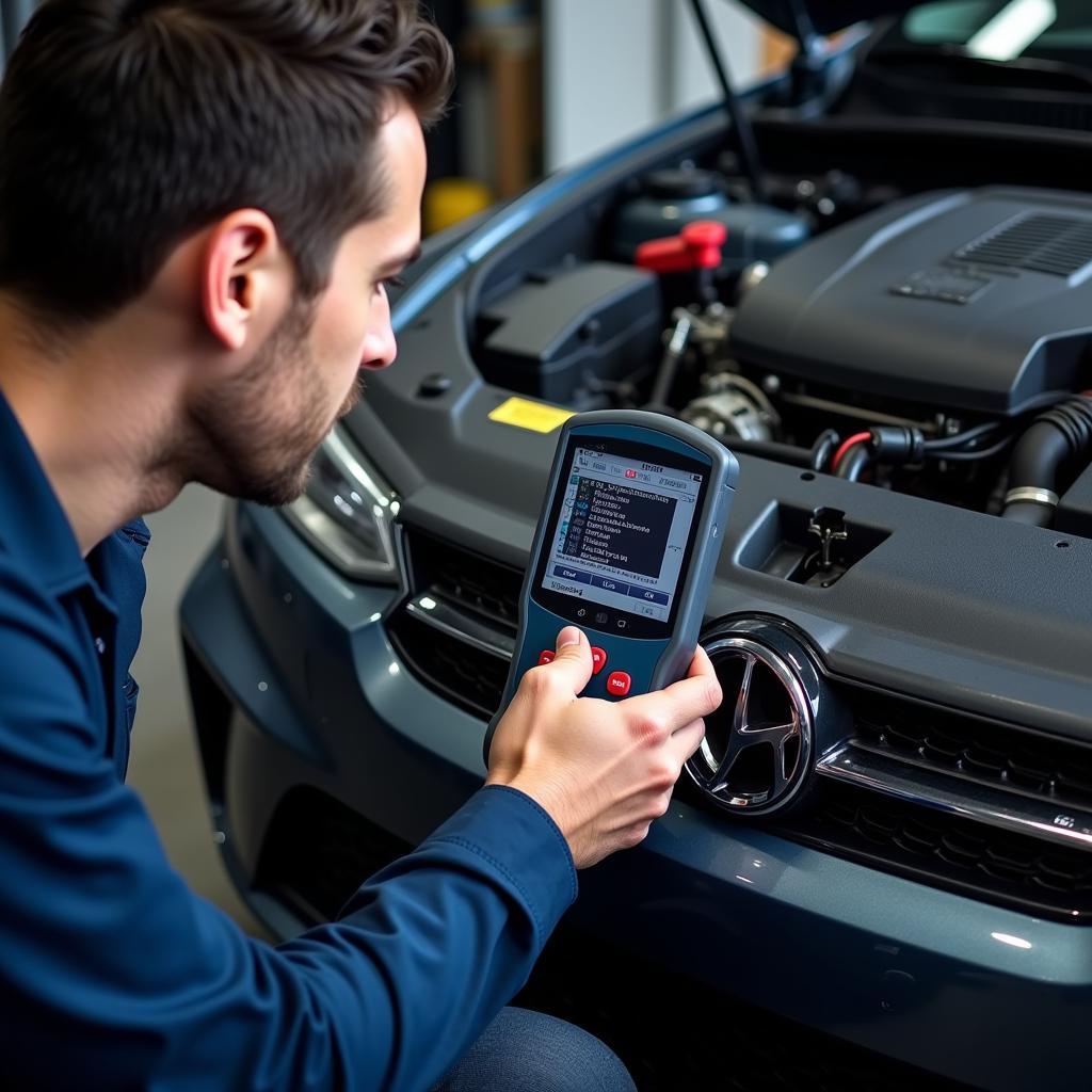 Mechanic using Bosch 1300 scan tool to diagnose a car engine problem