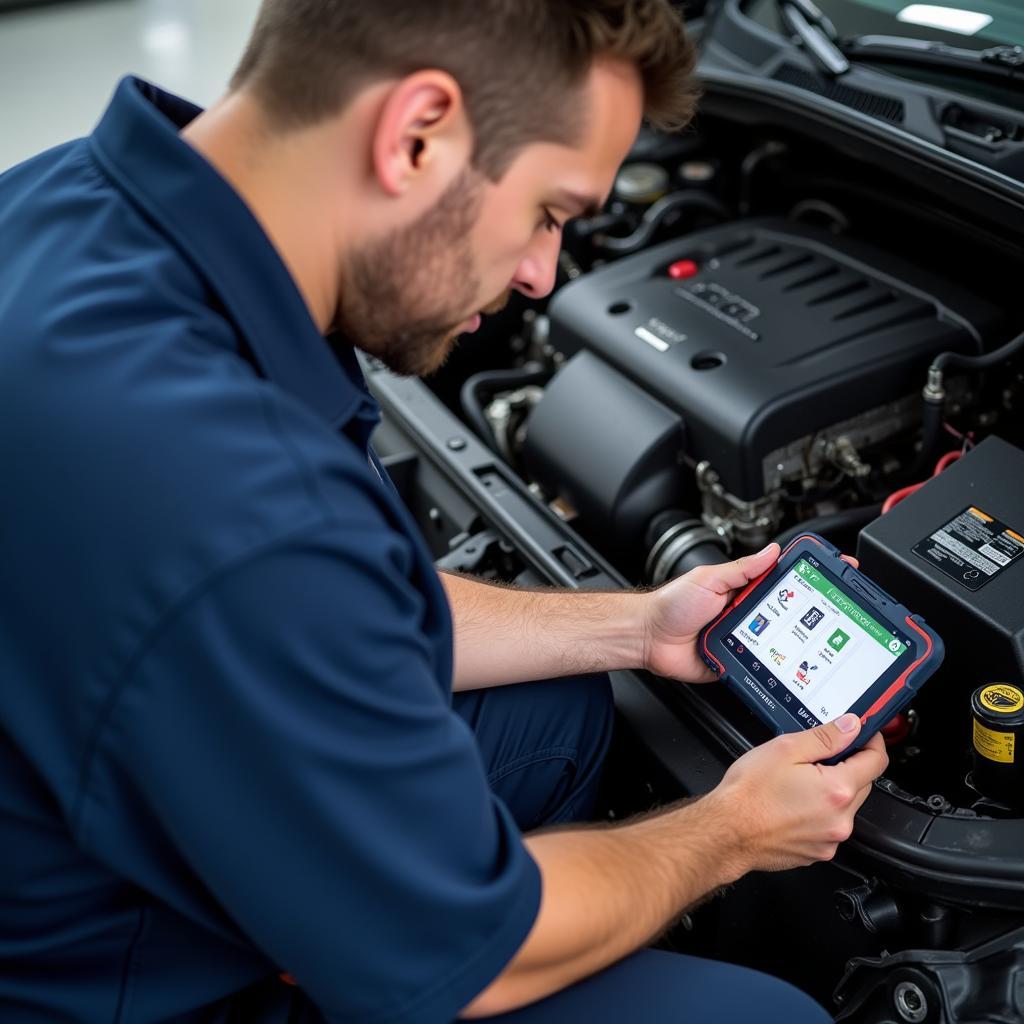 Mechanic Diagnosing Car with Bosch ADS Scan Tool