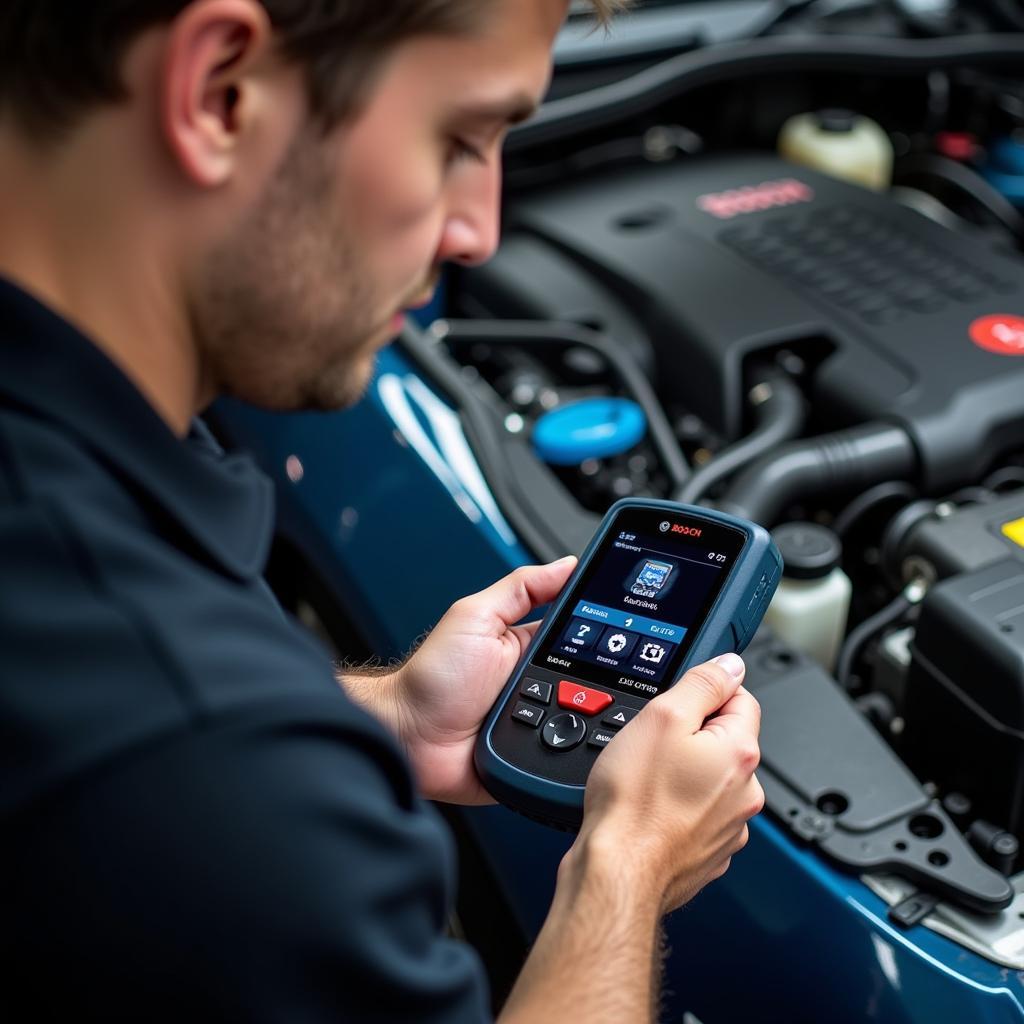 Mechanic Using Bosch OBD 1050 in a Workshop